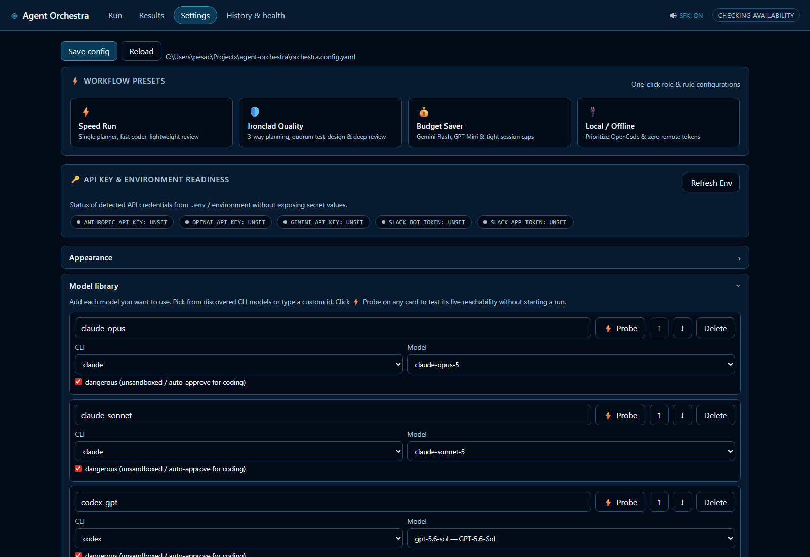 Workflow Presets & Model Library: One-click role presets (Speed Run, Ironclad Quality, Budget Saver, Local/Offline) and CLI model probing workbench.