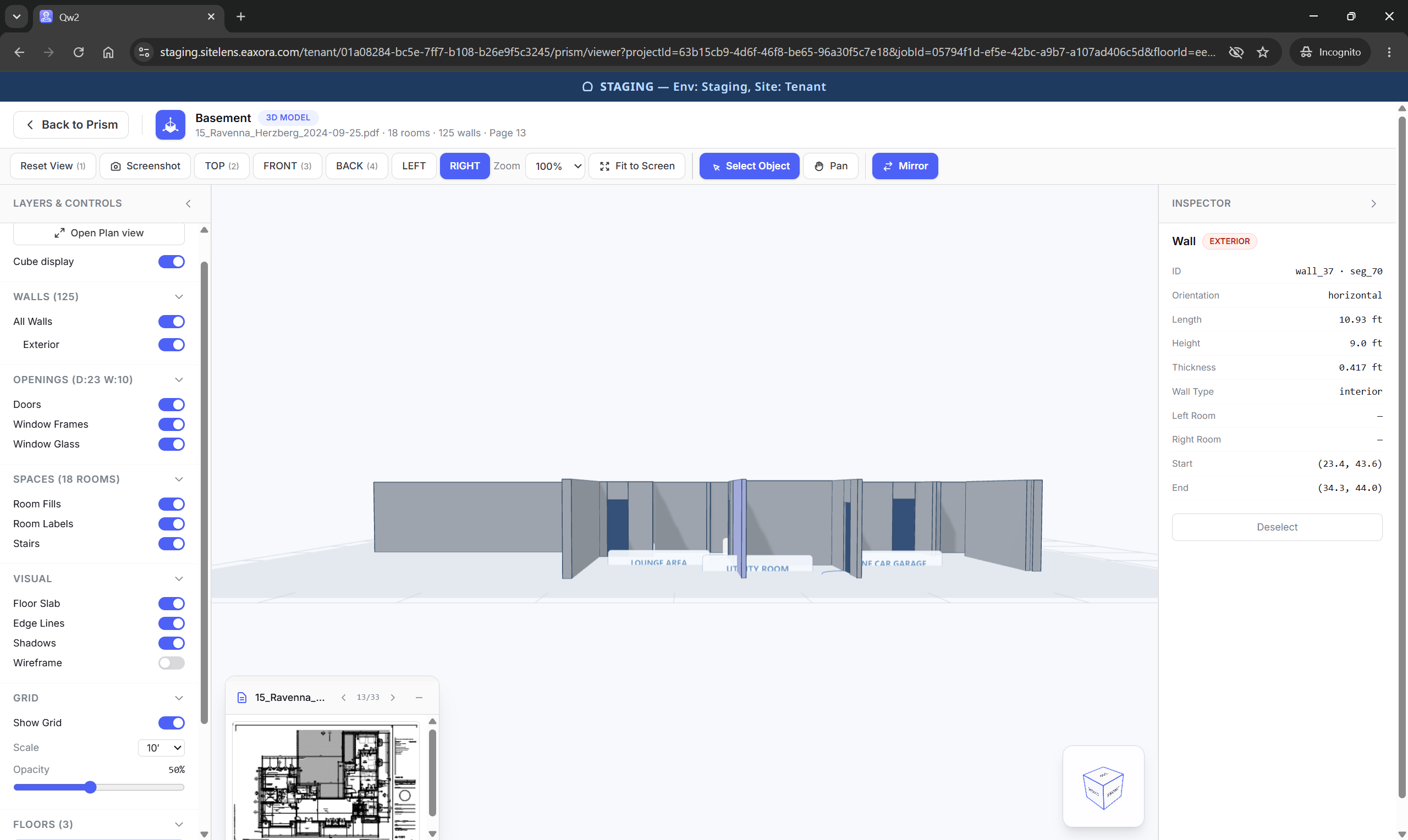 Structural Wall Inspector: Real-time wall dimensions, thickness, exterior orientation, and CAD coordinate telemetry.